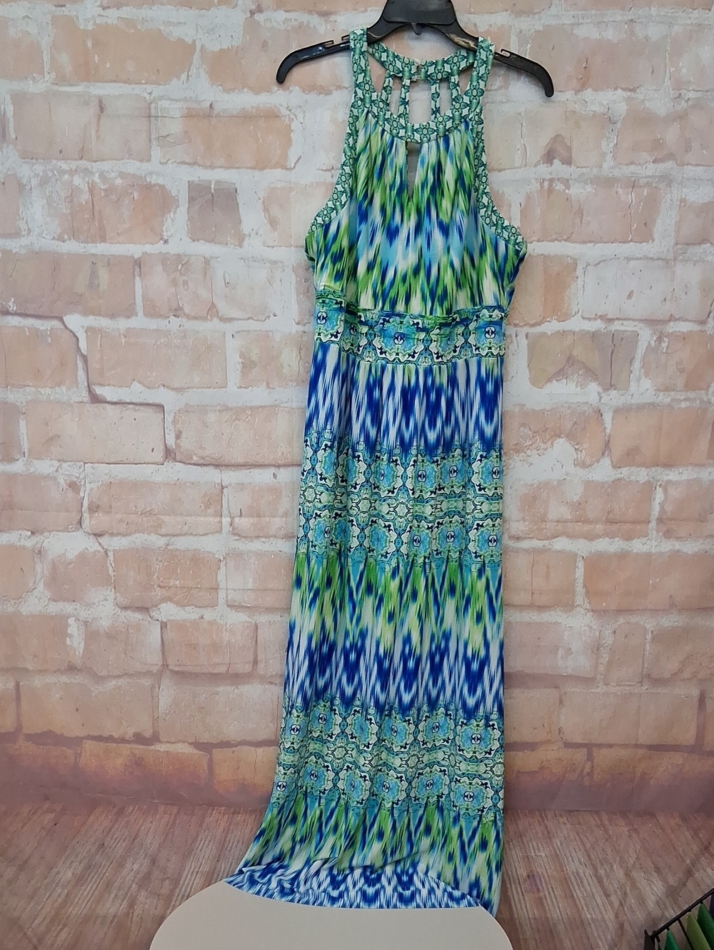 London Times Blue & Green Printed Halter Maxi Dress